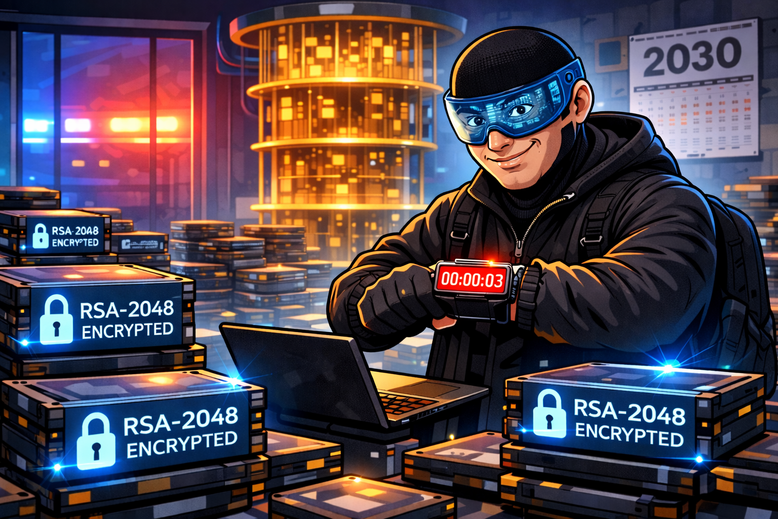 Illustration of a cyber attacker in 2030 using quantum computing to decrypt previously captured RSA-2048 encrypted data.