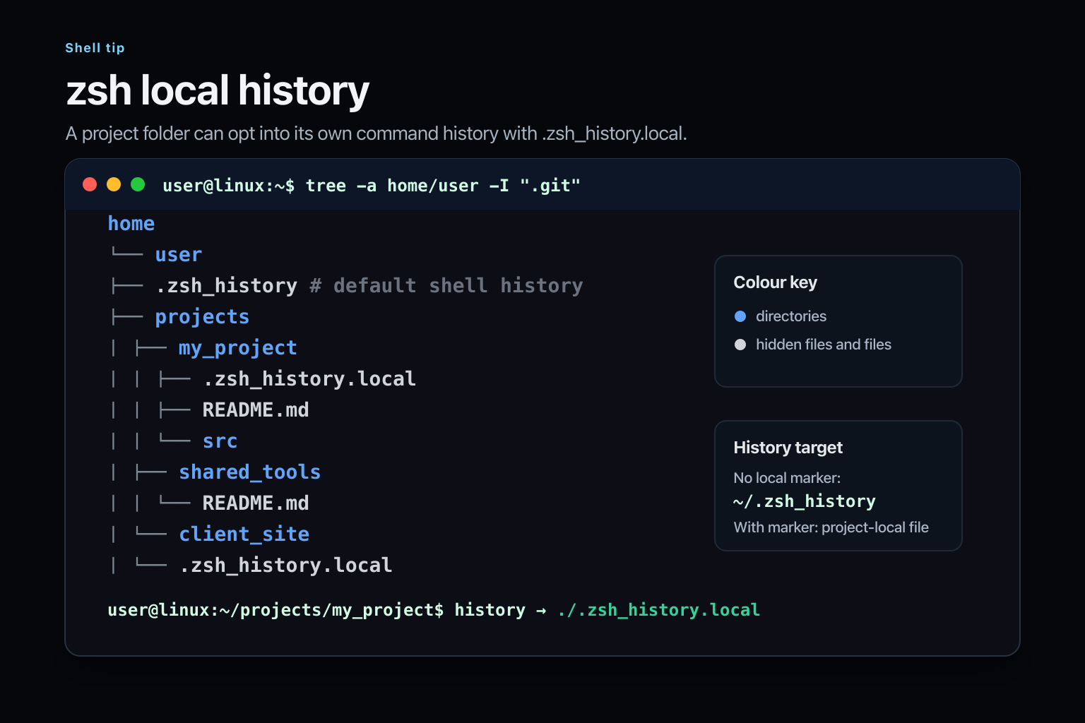 Infographic showing a Linux folder structure with .zsh_history in the user's home directory and .zsh_history.local files in selected project folders.